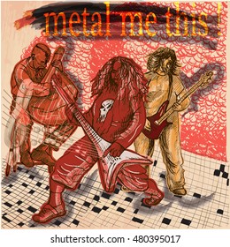 Metal music band. A group of three musicians playing hard rock music. Guitarists and bandura player. Freehand sketching, line drawing. An hand drawn vector illustration. Colored line art technique.