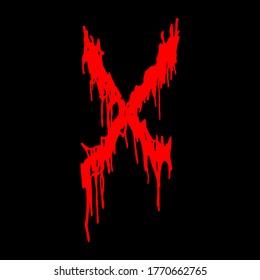 Metal music band's font.Red letter with smudges on black background.