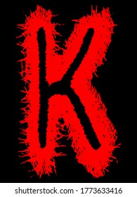 Metal music band's font.Red letter with smudges on black background.