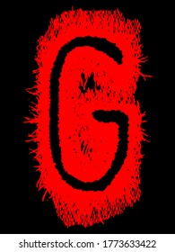 Metal music band's font.Red letter with smudges on black background.