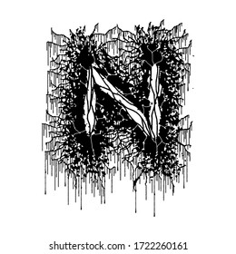 Metal music band's font.Black letter with smudges isolated on white background.
