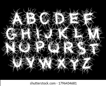 Metal music band's font.White alphabet on black background.