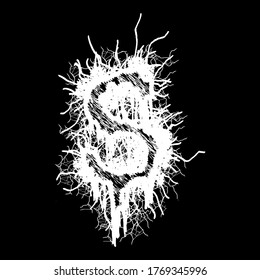 
Metal music band's font.White letter with smudges on black background.