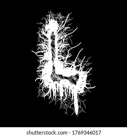 
Metal music band's font.White letter with smudges on black background.