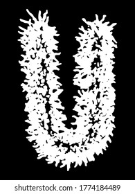 Metal music band's font.White letter with smudges on black background.