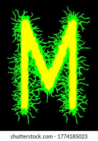 
Metal music band's font.Yellow-green letter with smudges on black 
background.