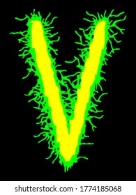 
Metal music band's font.Yellow-green letter with smudges on black 
background.