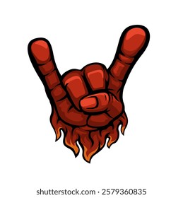 Metal Music Hand Gesture Sign With Flames Cartoon Illustration Vector