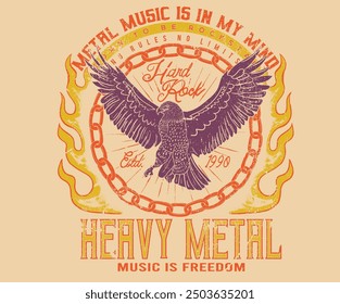 La música metal está en mi alma. Nacido para ser estrellas de rock. Diseño de póster de música heavy metal. Diseño de la camiseta de la roca del águila. Diseño de impresión de Rock y rollo. Cadena con ilustraciones de fuego.