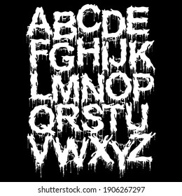 Metal music style font.Drippy alphabet on black background.