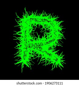 Metal music style font.Green letter on black background.