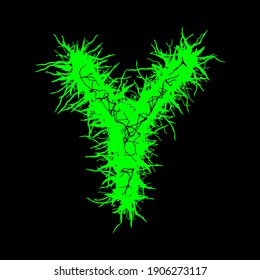 Metal music style font.Green letter on black background.