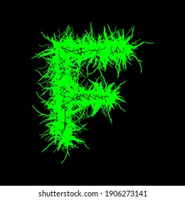 Metal music style font.Green letter on black background.