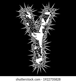 Metal music style font.Vector letter with spines.Art lettering.