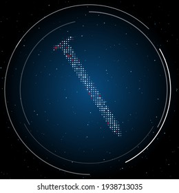 The metal nail symbol filled with white dots. Pointillism style. Some dots is red. Vector illustration on blue background with stars