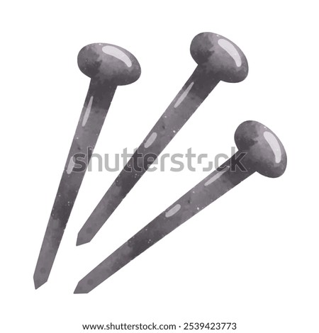 Metal nail vector illustration, iron nails clip art in hand drawn watercolor style