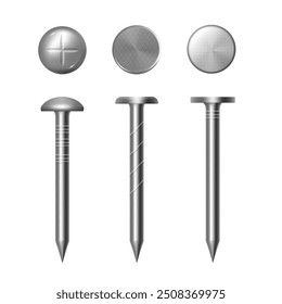 Metal nails types. Vector thin straight piece of steel and iron with pointed and flat end, heads top view. Realistic metallic hardware. Industrial equipment or tool for fixing or repairing