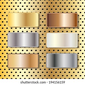 Metal name-boards in gold, silver, brass, copper, white gold and steel with copy space on tech background, vector illustration