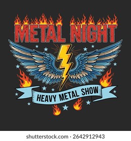 Metal night Rock and roll t-shirt design. wings and fair text make a vintage retro graphics. Long live Rock and roll vintage graphic design. cowboy is rock n roll , forever rockin music vibes print.