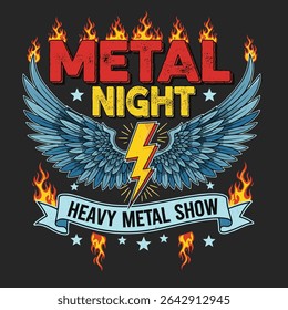 Metal night Rock and roll t-shirt design. wings and fair text make a vintage retro graphics. Long live Rock and roll vintage graphic design. cowboy is rock n roll , forever rockin music vibes print.