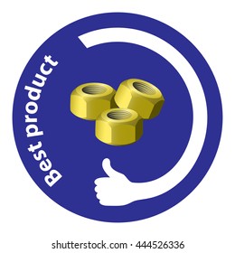 Metal nut vector icon. Best product white wording on blue background.