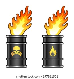 Metal oil barrels in flame with danger signs