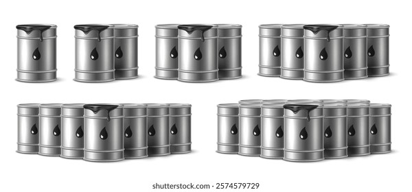 Metal oil drums. Realistic isolated hazard black liquid containers, label with droplet, different compositions, tank in storage or warehouse, machine diesel or car gasoline, 3d vector set