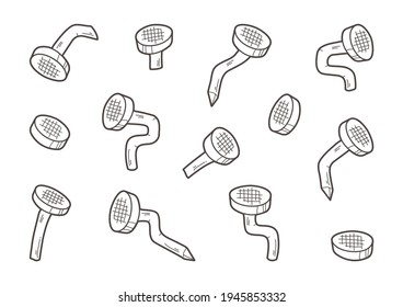 Metal old wall nails, bent vector pins, thin line hand drawn design, cartoon icons. Carpentry concept. Simple illustration