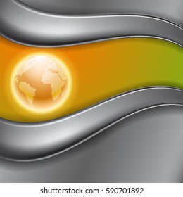 Metal orange background with globe and place for text. EPS10 Vector.