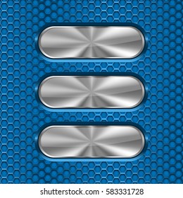 Metal oval brushed plates on blue perforated background. Vector 3d illustration