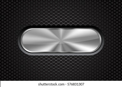 Metal oval button on perforated steel background. Vector 3d illustration