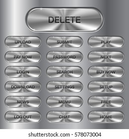 Metal oval buttons set. Stainless steel surface for menu interface. Vector 3d illustration.