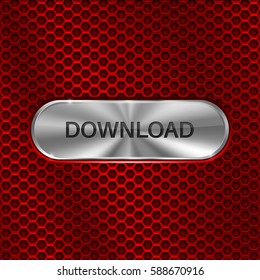 Metal oval DOWNLOAD button on red perforated background. Vector 3d illustration.