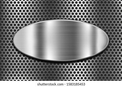 Metal oval shield on perforated background. Vector 3d illustration