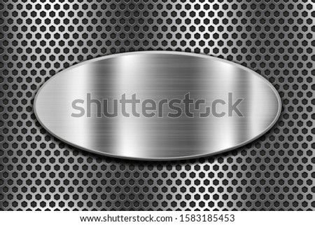 Metal oval shield on perforated background. Vector 3d illustration