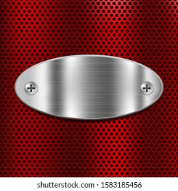 Metal oval shield on red perforated background. Vector 3d illustration