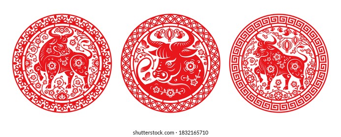 Metal Ox Chinese New Year symbol in peonies isolated set of circles. Vector CNY 2021 mascot in round flowers arrangement, papercut. Bull China and Korea zodiac sign, horned animal in oriental calendar