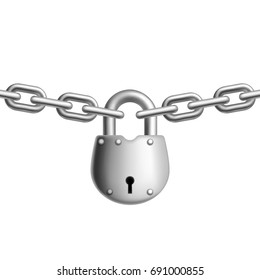 Metal padlock with chains on white background. Realistic design. Vector illustration
