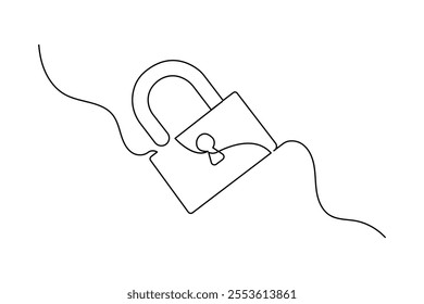 Metal padlock continuous one line drawing of minimalist outline vector icon