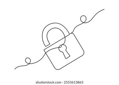 Metal padlock continuous one line drawing of minimalist outline vector icon