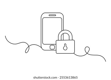 Metal padlock continuous one line drawing of minimalist outline vector icon