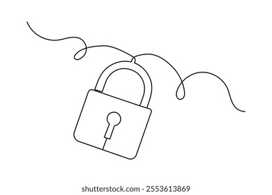 Metal padlock continuous one line drawing of minimalist outline vector icon