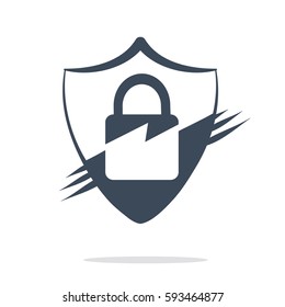Metal padlock and two color shield on white, vector illustration