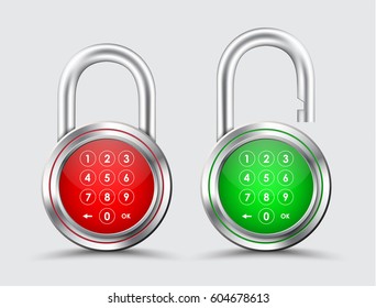 Metal padlocks, digital password on a red and green dial. Template Open-closed. Vector illustration. Set