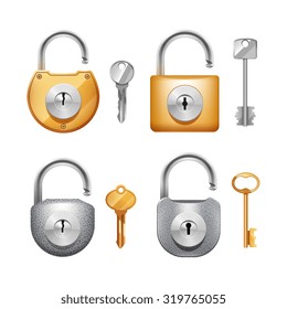 Metal padlocks and keys in different shapes realistic set isolated vector illustration 