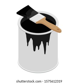 Metal paint can with black paint and paintbrush with wooden handle vector illustration