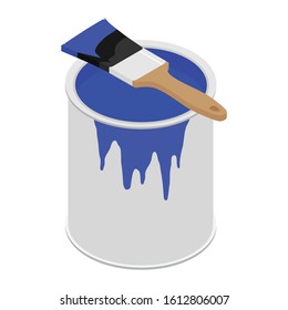 Metal paint can with blue paint and paintbrush with wooden handle vector illustration