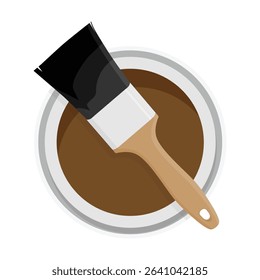 Metal paint can with brown paint and paintbrush with wooden handle vector illustration