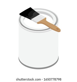 Metal paint can with paint and paintbrush with wooden handle vector illustration