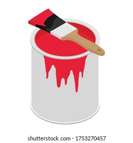 Metal paint can with red paint and paintbrush with wooden handle vector illustration